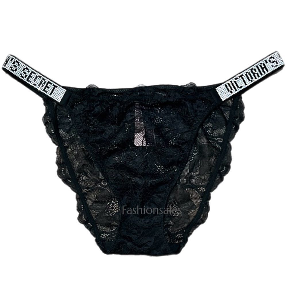 Victorias Secret Crystals Rhinestone Bling Shine Strap Bikini Lace Panty black L